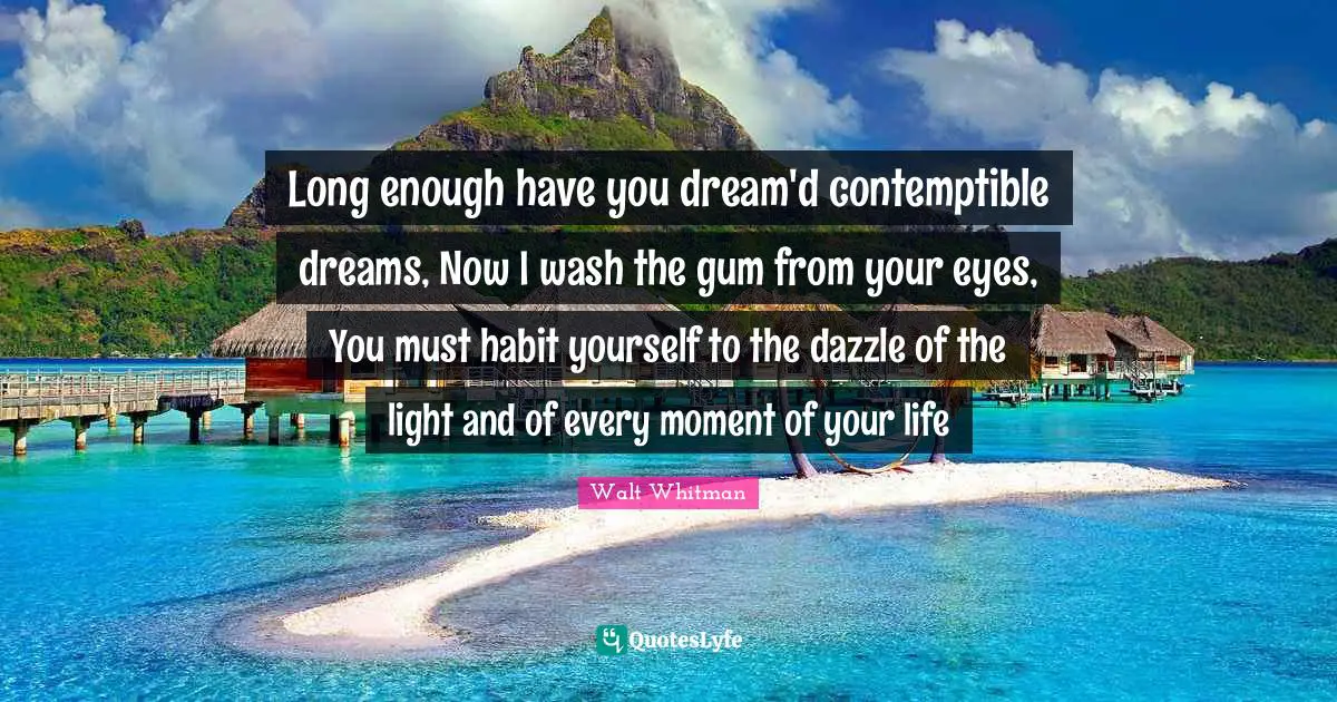 Long enough have you dream'd contemptible dreams, Now I wash the gum from your eyes, You must habit yourself to the dazzle of the light and of every moment of your life