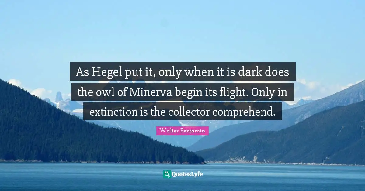 Hegel Quotes: "As Hegel put it, only when it is dark does the owl of Minerva begin its flight. Only in extinction is the collector comprehend."