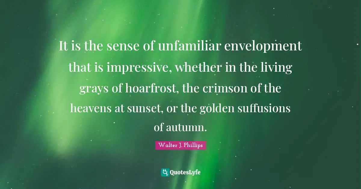 It is the sense of unfamiliar envelopment that is impressive, whether in the living grays of hoarfrost, the crimson of the heavens at sunset, or the golden suffusions of autumn.