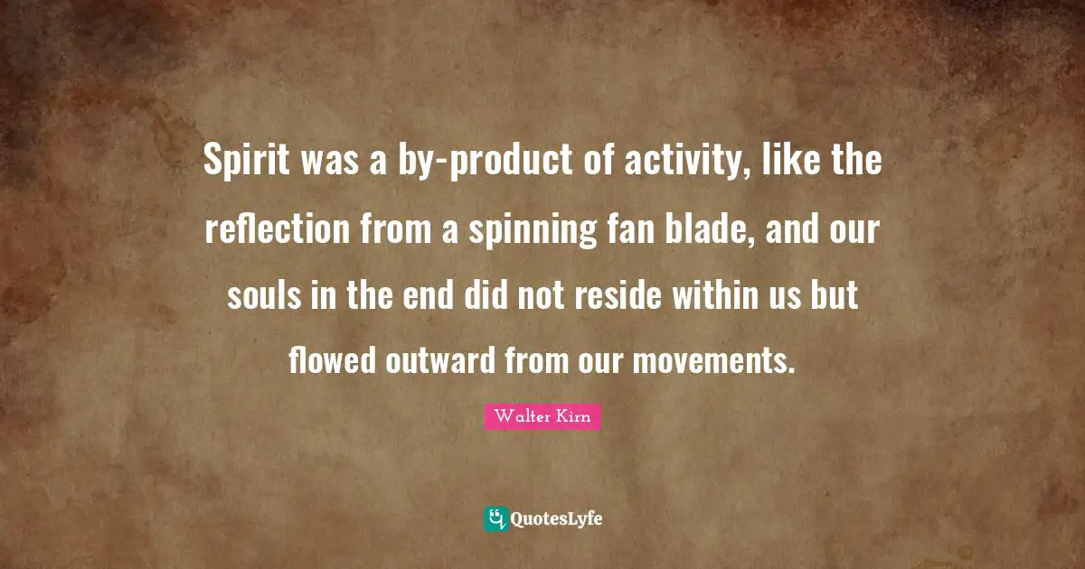 Spirit was a by-product of activity, like the reflection from a spinning fan blade, and our souls in the end did not reside within us but flowed outward from our movements.