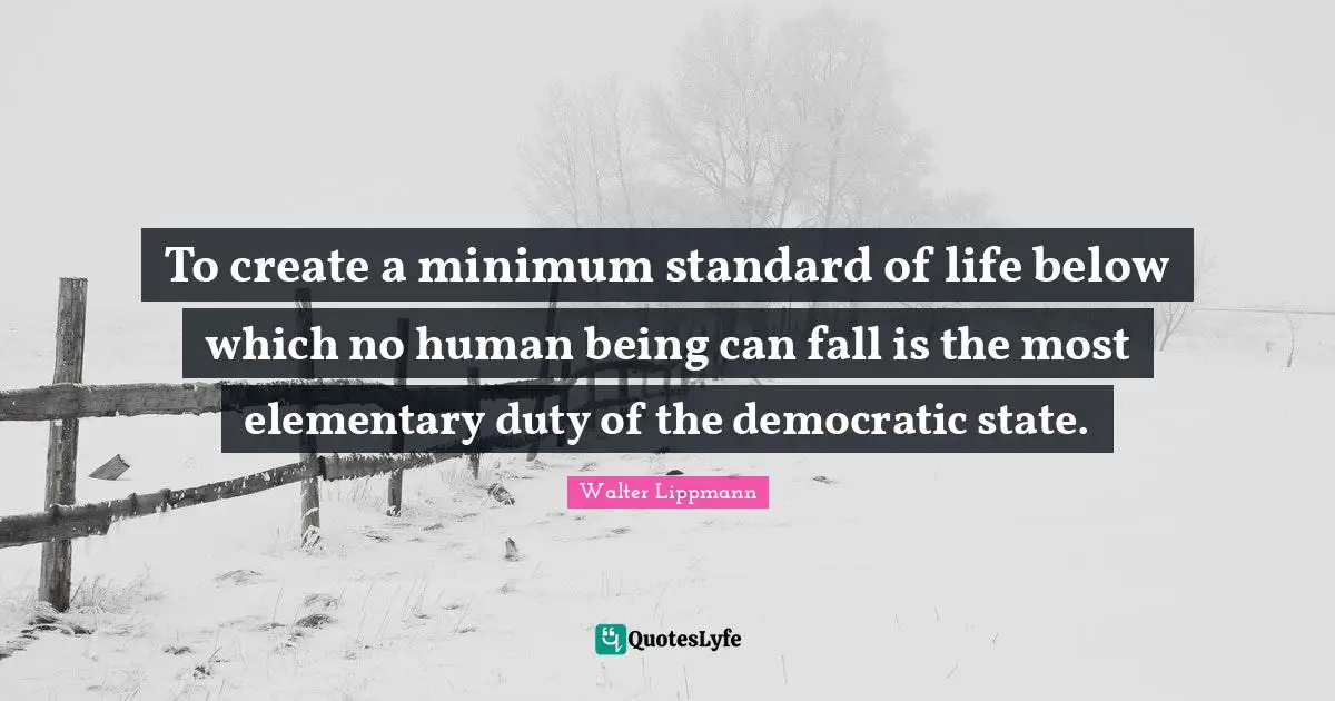 Walter Lippmann Quotes: "To create a minimum standard of life below which no human being can fall is the most elementary duty of the democratic state."