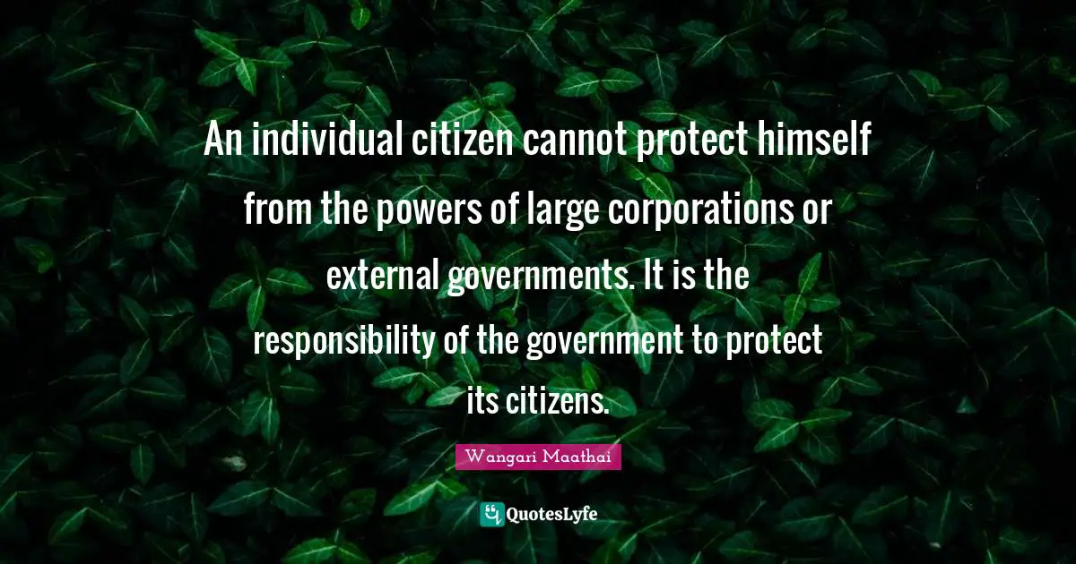 An individual citizen cannot protect himself from the powers of large corporations or external governments. It is the responsibility of the government to protect its citizens.
