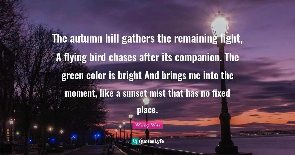 The autumn hill gathers the remaining light, A flying bird chases after its companion. The green color is bright And brings me into the moment, like a sunset mist that has no fixed place.