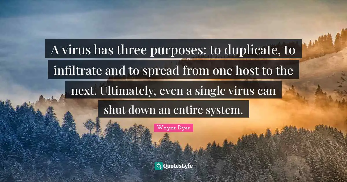 A virus has three purposes: to duplicate, to infiltrate and to spread from one host to the next. Ultimately, even a single virus can shut down an entire system.