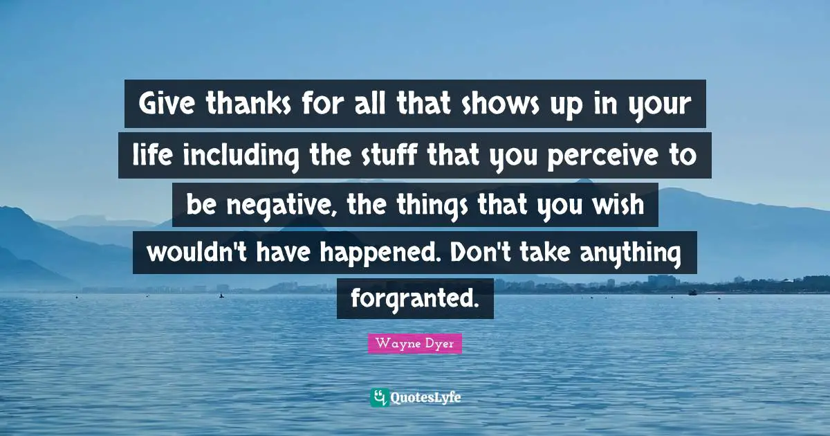 Give thanks for all that shows up in your life including the stuff that you perceive to be negative, the things that you wish wouldn't have happened. Don't take anything forgranted.