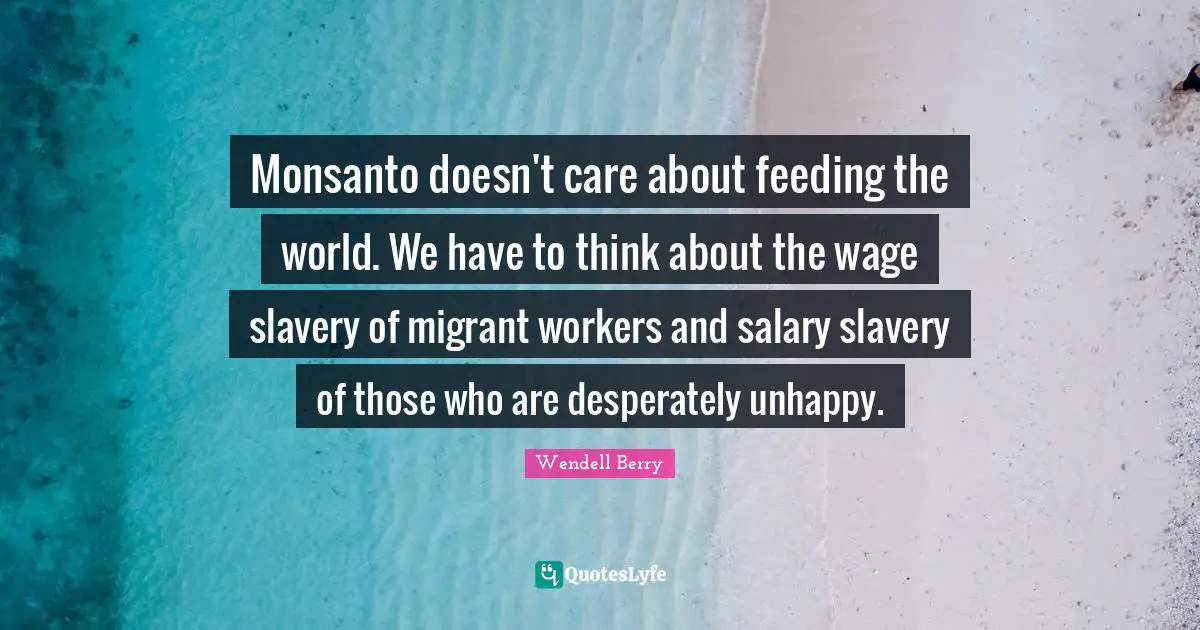 Monsanto doesn't care about feeding the world. We have to think about the wage slavery of migrant workers and salary slavery of those who are desperately unhappy.