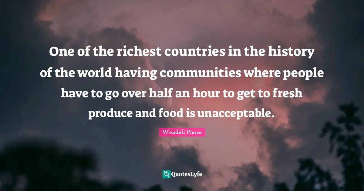 Wendell Pierce Quotes: "One of the richest countries in the history of the world having communities where people have to go over half an hour to get to fresh produce and food is unacceptable."