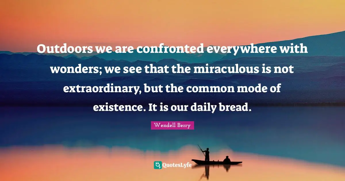 Wendell Berry Quotes: Outdoors we are confronted everywhere with wonders; we see that the miraculous is not extraordinary, but the common mode of existence. It is our daily bread.