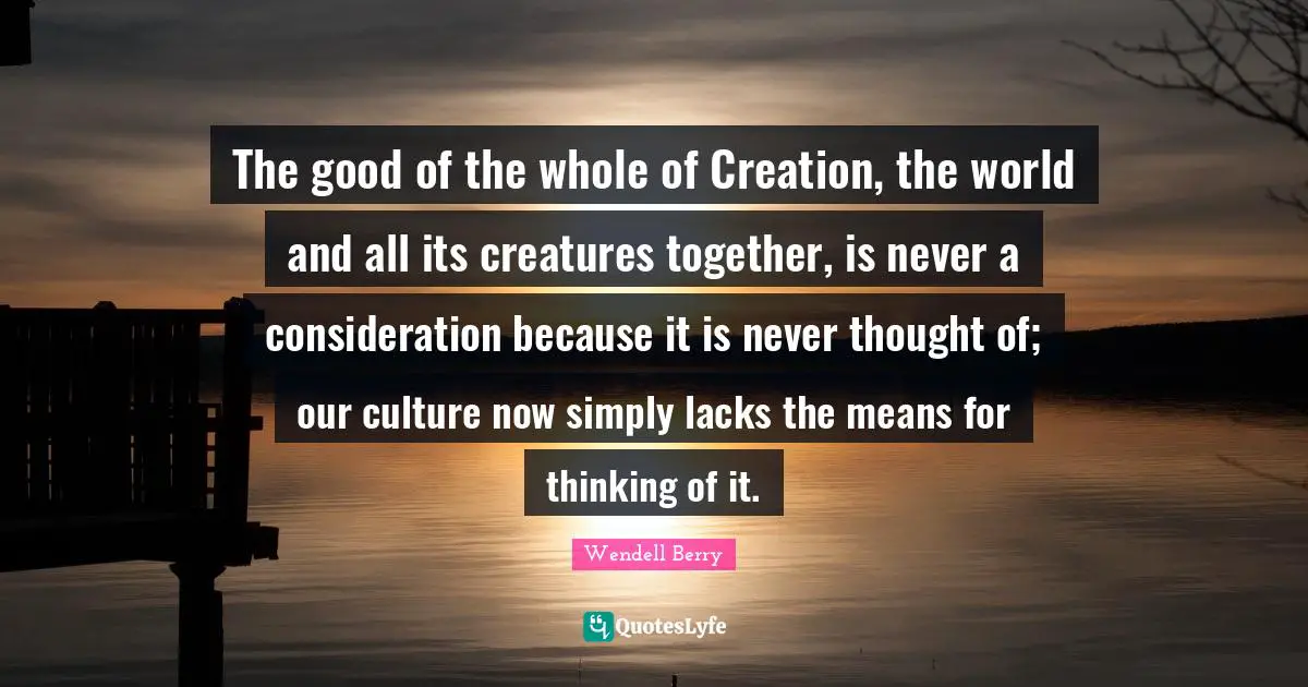 The good of the whole of Creation, the world and all its creatures together, is never a consideration because it is never thought of; our culture now simply lacks the means for thinking of it.