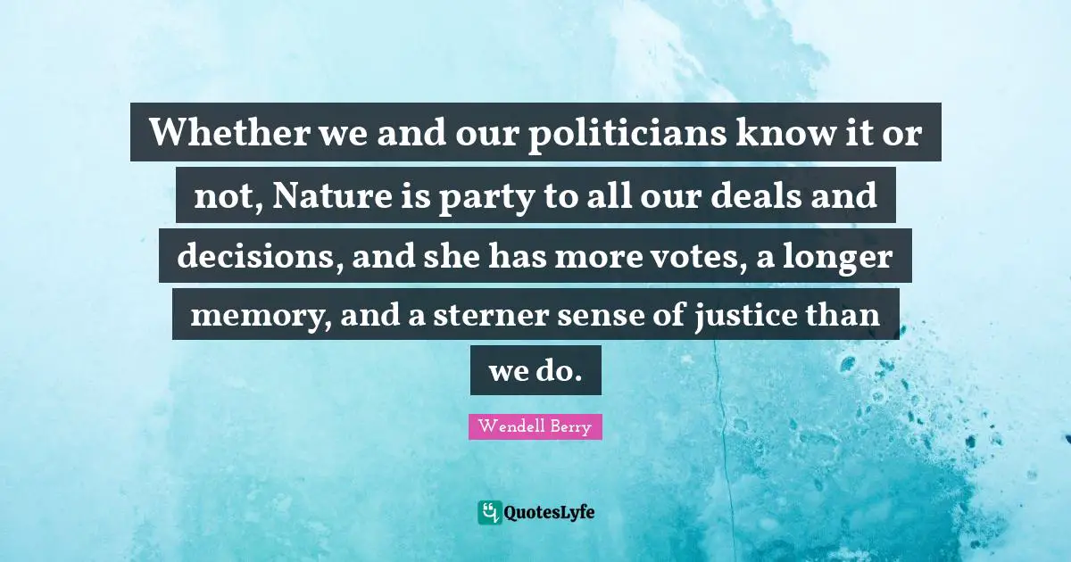 Whether we and our politicians know it or not, Nature is party to all our deals and decisions, and she has more votes, a longer memory, and a sterner sense of justice than we do.