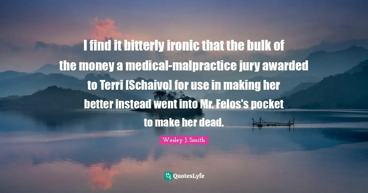 I find it bitterly ironic that the bulk of the money a medical-malpractice jury awarded to Terri [Schaivo] for use in making her better instead went into Mr. Felos's pocket to make her dead.