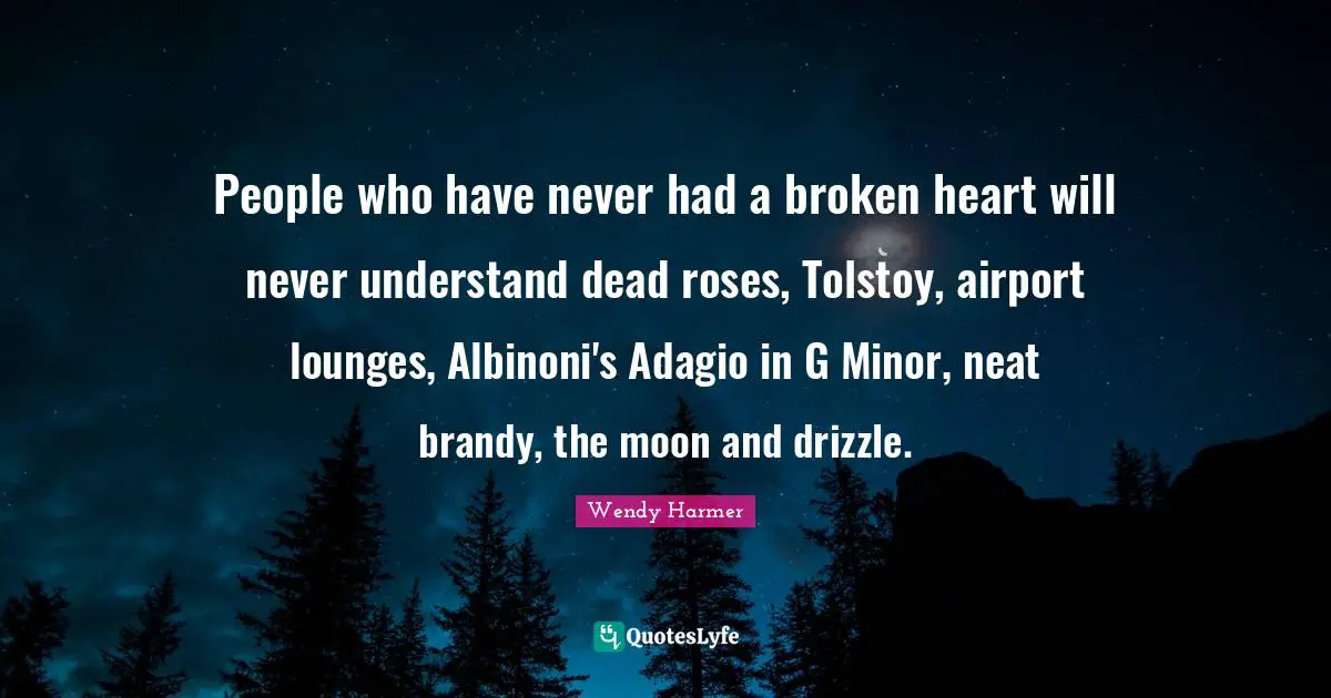 Airports Quotes: "People who have never had a broken heart will never understand dead roses, Tolstoy, airport lounges, Albinoni's Adagio in G Minor, neat brandy, the moon and drizzle."
