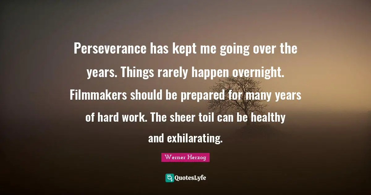 Perseverance has kept me going over the years. Things rarely happen overnight. Filmmakers should be prepared for many years of hard work. The sheer toil can be healthy and exhilarating.