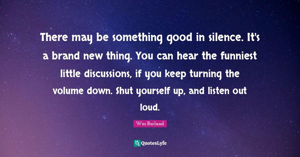 There may be something good in silence. It's a brand new thing. You can hear the funniest little discussions, if you keep turning the volume down. Shut yourself up, and listen out loud.