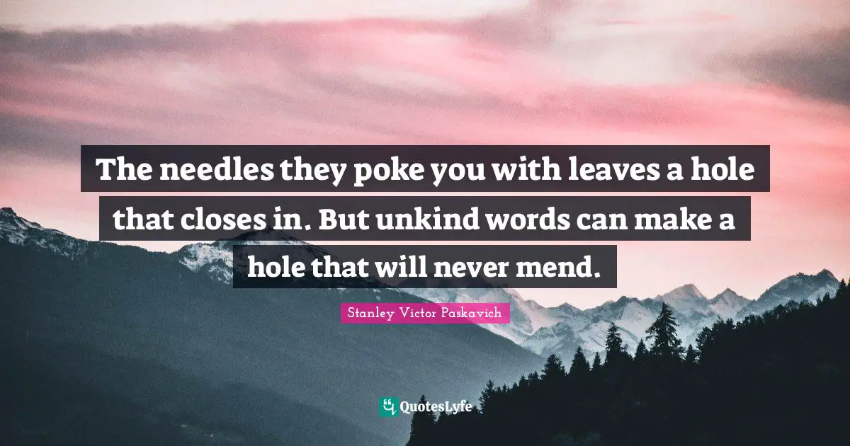 The needles they poke you with leaves a hole that closes in. But unkind words can make a hole that will never mend.