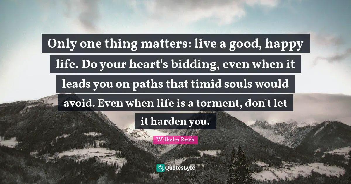 Only one thing matters: live a good, happy life. Do your heart's bidding, even when it leads you on paths that timid souls would avoid. Even when life is a torment, don't let it harden you.