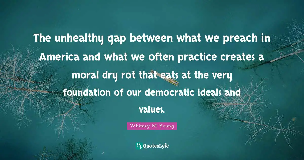 Whitney M. Young Quotes: "The unhealthy gap between what we preach in America and what we often practice creates a moral dry rot that eats at the very foundation of our democratic ideals and values."