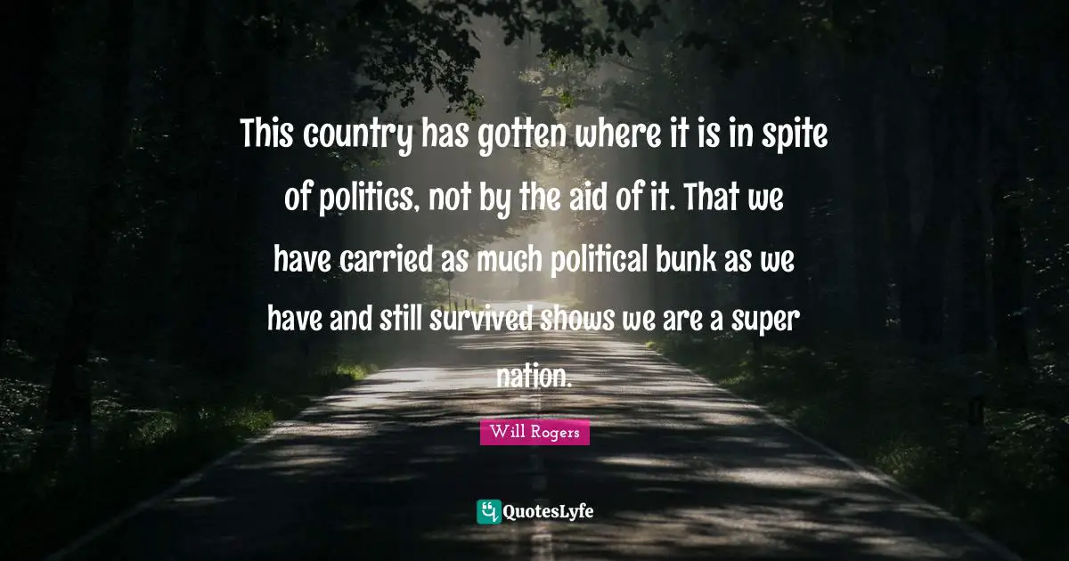 Political Will Quotes: "This country has gotten where it is in spite of politics, not by the aid of it. That we have carried as much political bunk as we have and still survived shows we are a super nation."