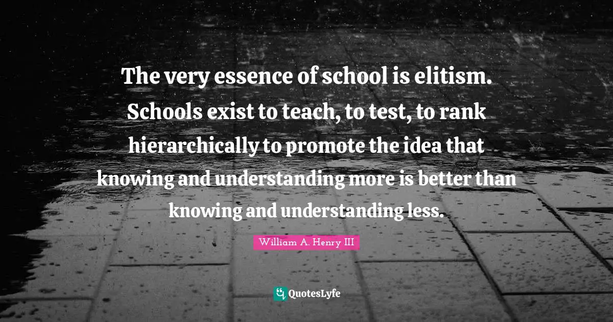 The very essence of school is elitism. Schools exist to teach, to test, to rank hierarchically to promote the idea that knowing and understanding more is better than knowing and understanding less.