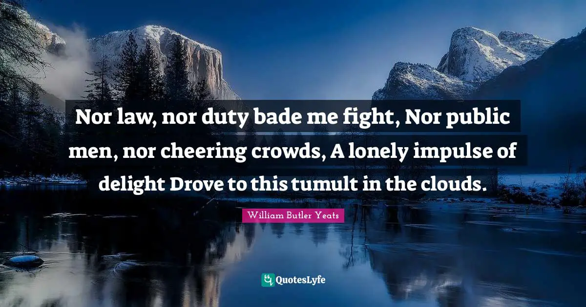 Nor law, nor duty bade me fight, Nor public men, nor cheering crowds, A lonely impulse of delight Drove to this tumult in the clouds.