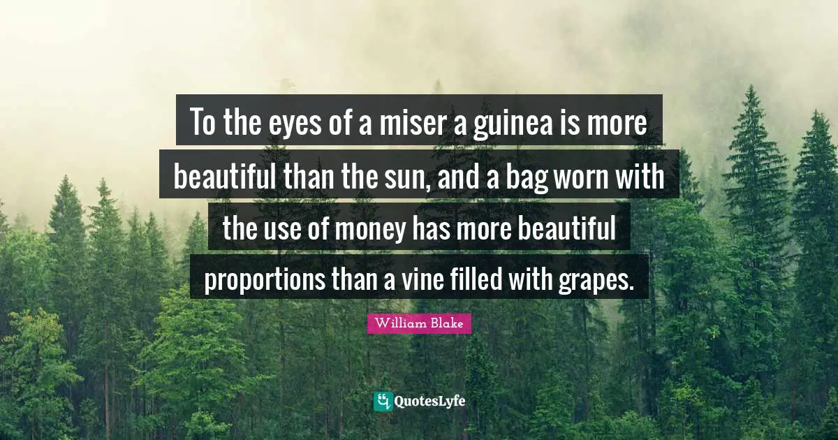 To the eyes of a miser a guinea is more beautiful than the sun, and a bag worn with the use of money has more beautiful proportions than a vine filled with grapes.