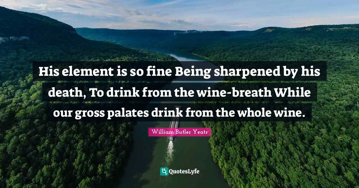 His element is so fine Being sharpened by his death, To drink from the wine-breath While our gross palates drink from the whole wine.