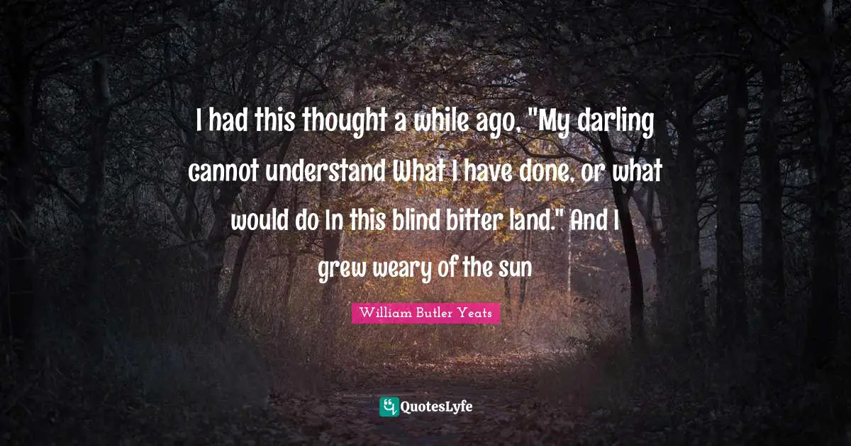 I had this thought a while ago, "My darling cannot understand What I have done, or what would do In this blind bitter land." And I grew weary of the sun