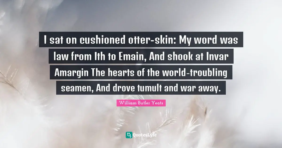 I sat on cushioned otter-skin: My word was law from Ith to Emain, And shook at Invar Amargin The hearts of the world-troubling seamen, And drove tumult and war away.