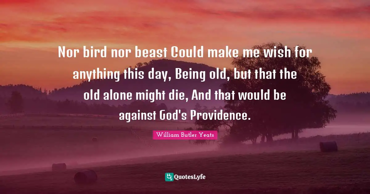 Nor bird nor beast Could make me wish for anything this day, Being old, but that the old alone might die, And that would be against God's Providence.