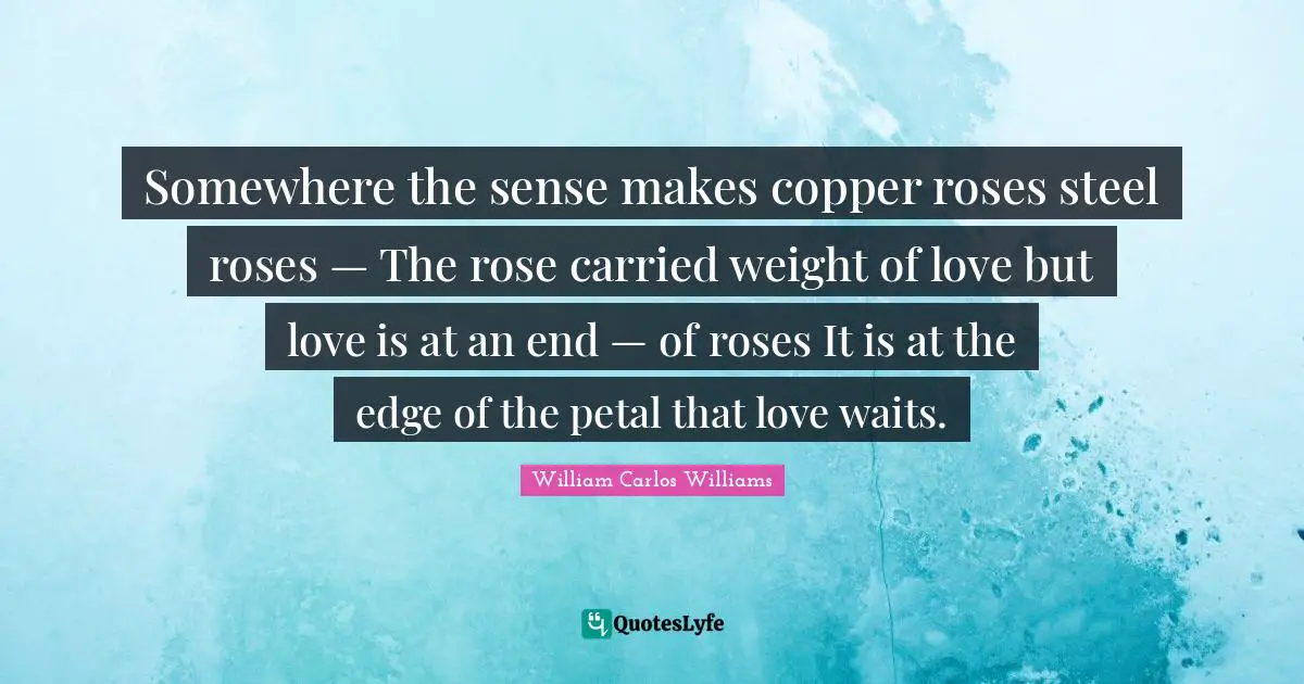 Somewhere the sense makes copper roses steel roses — The rose carried weight of love but love is at an end — of roses It is at the edge of the petal that love waits.