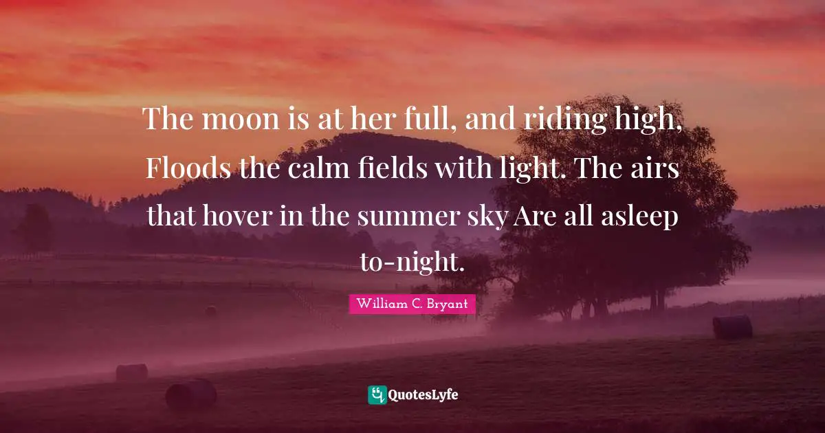 The moon is at her full, and riding high, Floods the calm fields with light. The airs that hover in the summer sky Are all asleep to-night.