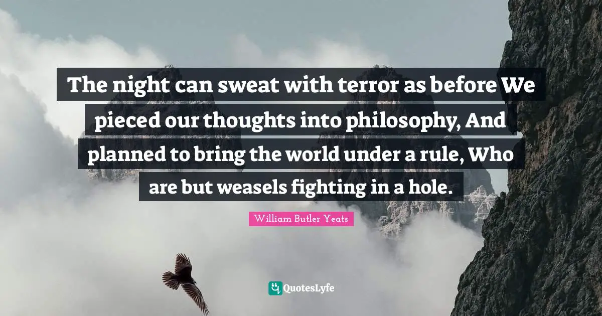 The night can sweat with terror as before We pieced our thoughts into philosophy, And planned to bring the world under a rule, Who are but weasels fighting in a hole.