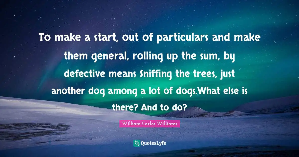 William Carlos Williams Quotes: "To make a start, out of particulars and make them general, rolling up the sum, by defective means Sniffing the trees, just another dog among a lot of dogs.What else is there? And to do?"