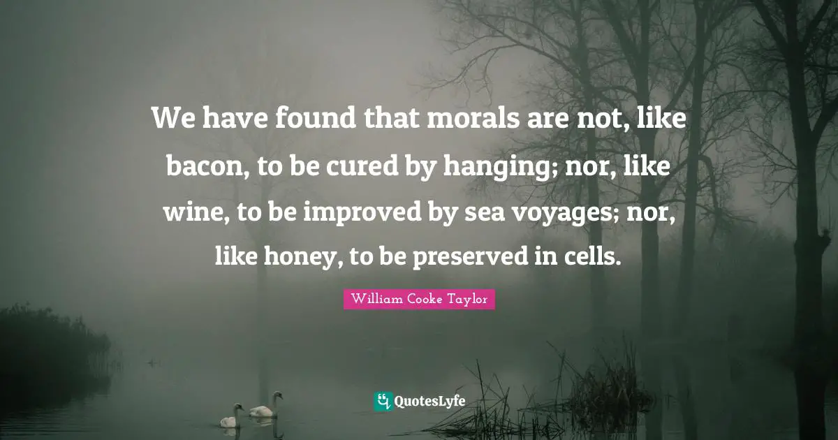 We have found that morals are not, like bacon, to be cured by hanging; nor, like wine, to be improved by sea voyages; nor, like honey, to be preserved in cells.