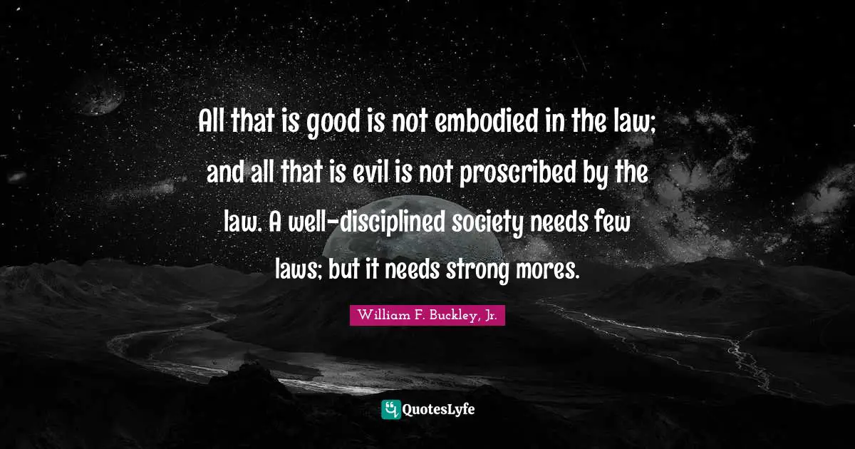 All that is good is not embodied in the law; and all that is evil is not proscribed by the law. A well-disciplined society needs few laws; but it needs strong mores.