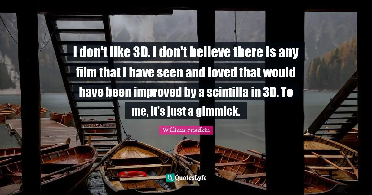 I don't like 3D. I don't believe there is any film that I have seen and loved that would have been improved by a scintilla in 3D. To me, it's just a gimmick.