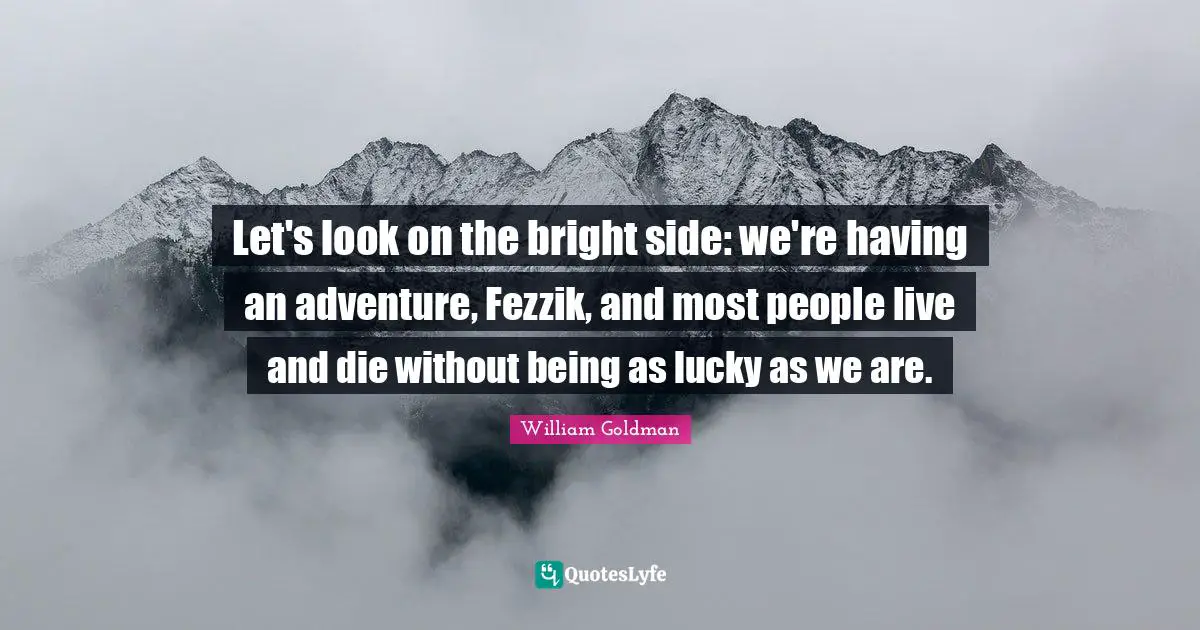 Let's look on the bright side: we're having an adventure, Fezzik, and most people live and die without being as lucky as we are.