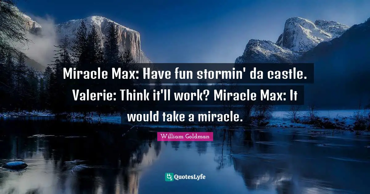 Miracle Max: Have fun stormin' da castle. Valerie: Think it'll work? Miracle Max: It would take a miracle.
