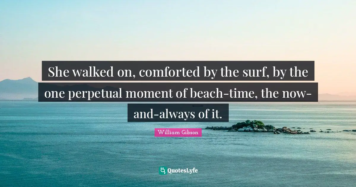 She walked on, comforted by the surf, by the one perpetual moment of beach-time, the now-and-always of it.