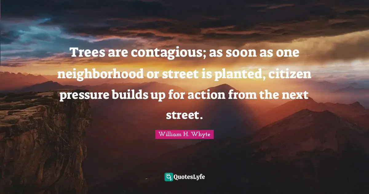 Contagious Quotes: "Trees are contagious; as soon as one neighborhood or street is planted, citizen pressure builds up for action from the next street."