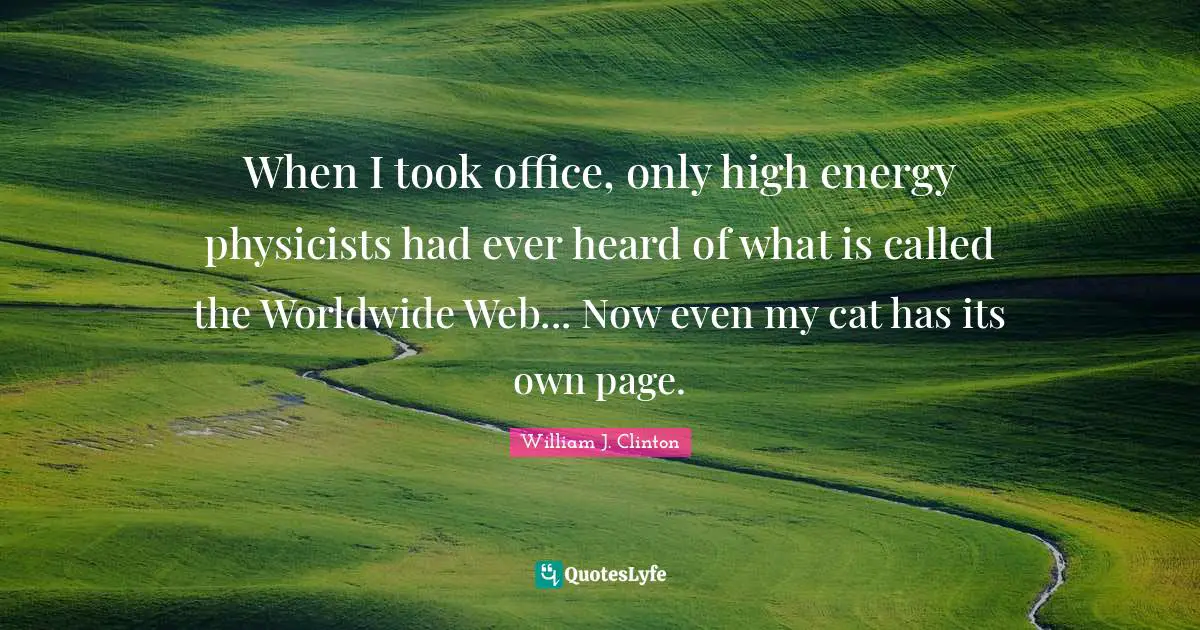 William J. Clinton Quotes: "When I took office, only high energy physicists had ever heard of what is called the Worldwide Web... Now even my cat has its own page."
