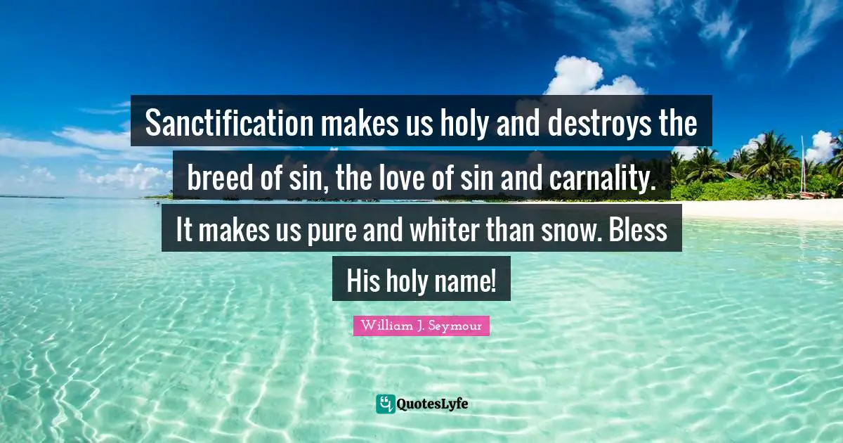 Bless Quotes: "Sanctification makes us holy and destroys the breed of sin, the love of sin and carnality. It makes us pure and whiter than snow. Bless His holy name!"