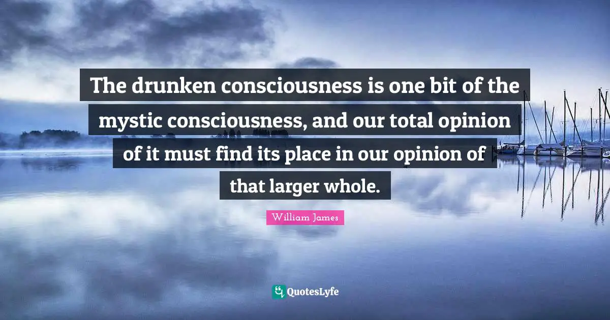 The drunken consciousness is one bit of the mystic consciousness, and our total opinion of it must find its place in our opinion of that larger whole.