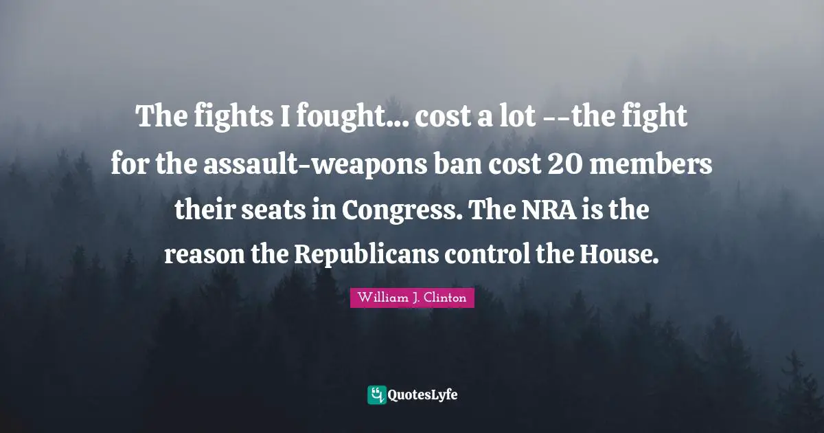 The fights I fought... cost a lot --the fight for the assault-weapons ban cost 20 members their seats in Congress. The NRA is the reason the Republicans control the House.