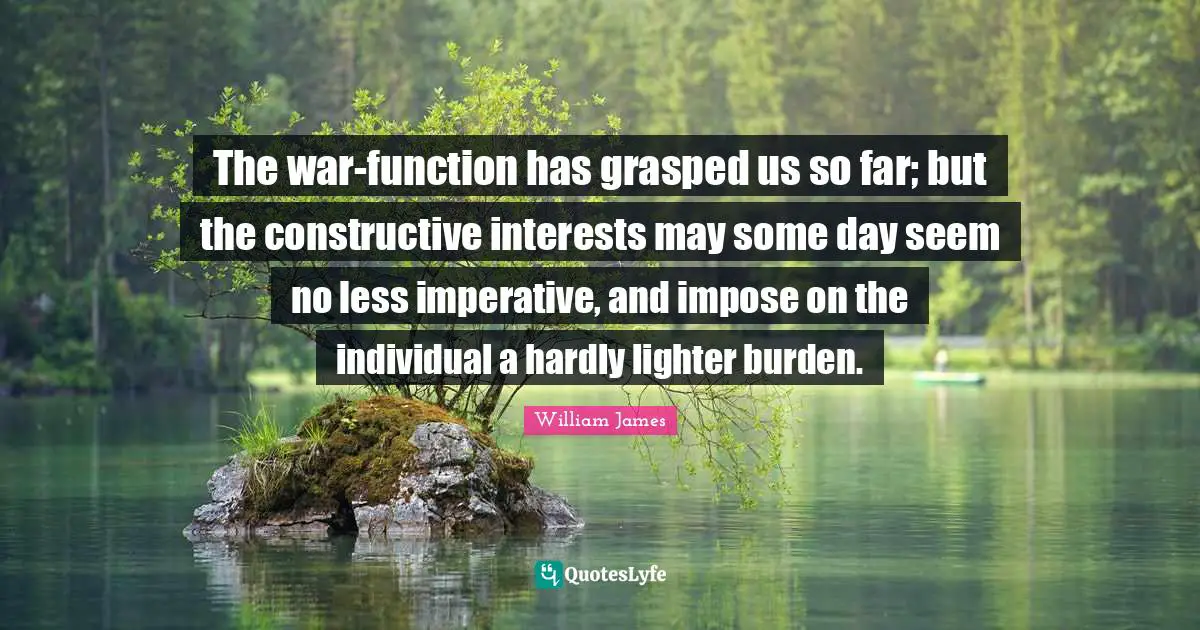 The war-function has grasped us so far; but the constructive interests may some day seem no less imperative, and impose on the individual a hardly lighter burden.
