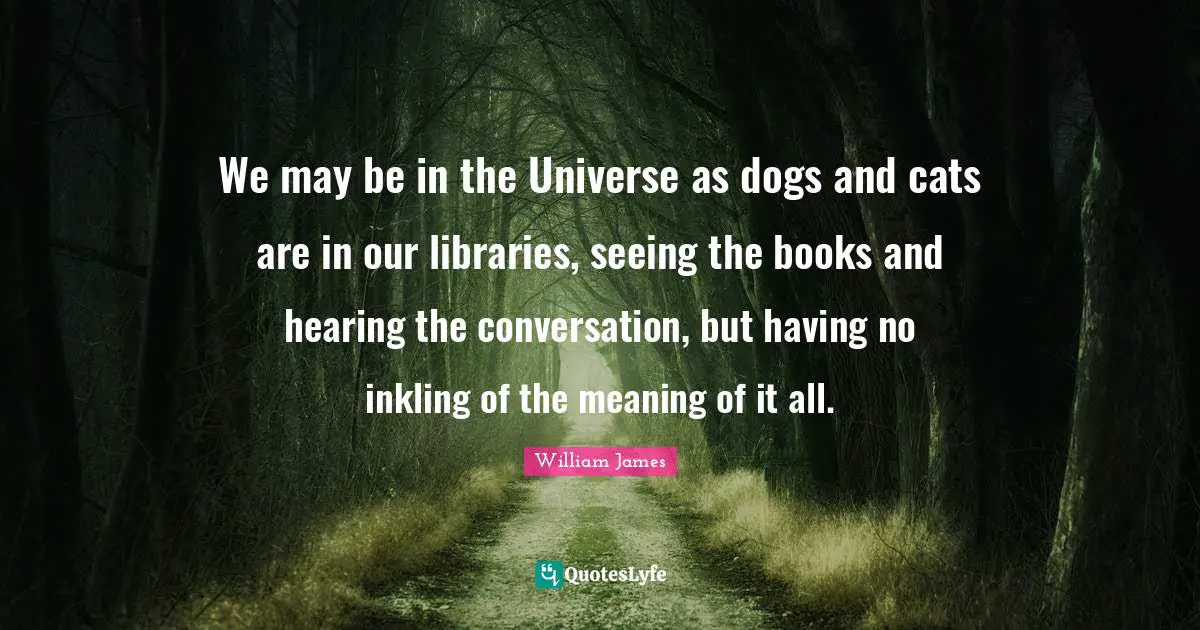 We may be in the Universe as dogs and cats are in our libraries, seeing the books and hearing the conversation, but having no inkling of the meaning of it all.