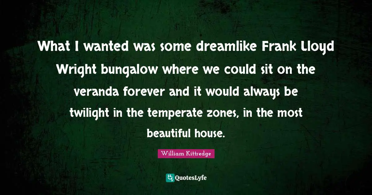 What I wanted was some dreamlike Frank Lloyd Wright bungalow where we could sit on the veranda forever and it would always be twilight in the temperate zones, in the most beautiful house.