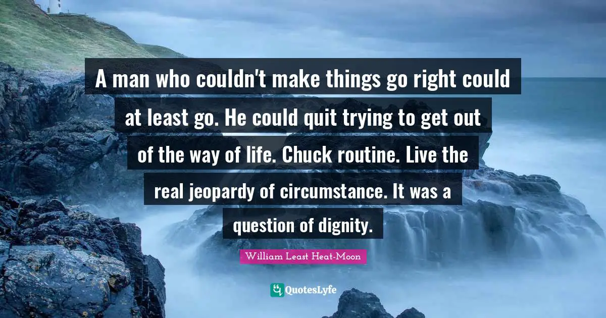 A man who couldn't make things go right could at least go. He could quit trying to get out of the way of life. Chuck routine. Live the real jeopardy of circumstance. It was a question of dignity.