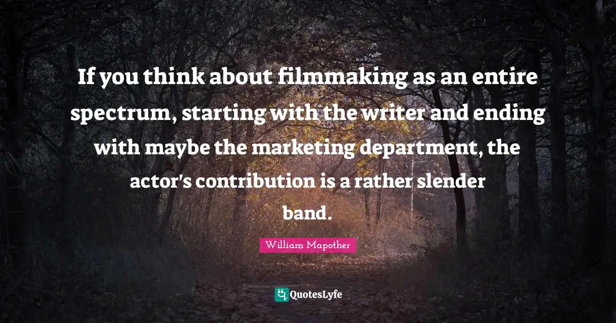 Slender Quotes: "If you think about filmmaking as an entire spectrum, starting with the writer and ending with maybe the marketing department, the actor's contribution is a rather slender band."