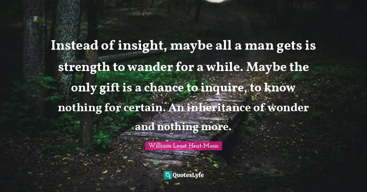 Instead of insight, maybe all a man gets is strength to wander for a while. Maybe the only gift is a chance to inquire, to know nothing for certain. An inheritance of wonder and nothing more.